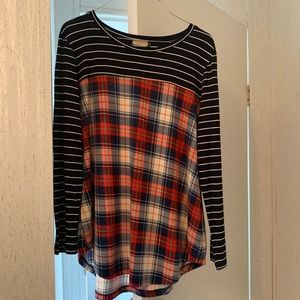 Long sleeve navy stripe and plaid ‘Nuggles shirt